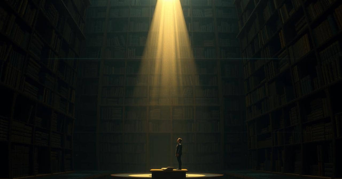 A lone figure standing in a vast dark library under a shaft of golden light — hermetic principles operational guide