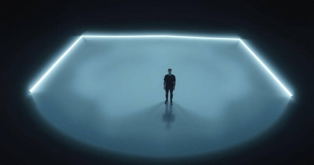 Lone figure standing inside a glowing geometric circle of white light pushing back surrounding darkness — banishing ritual