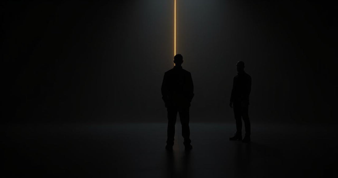 A faint glowing line stretching between two silhouetted figures standing apart, representing an energetic connection