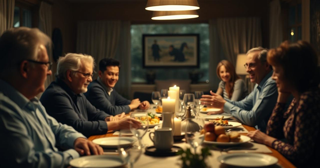 Multigenerational family gathered around a dinner table in warm evening light