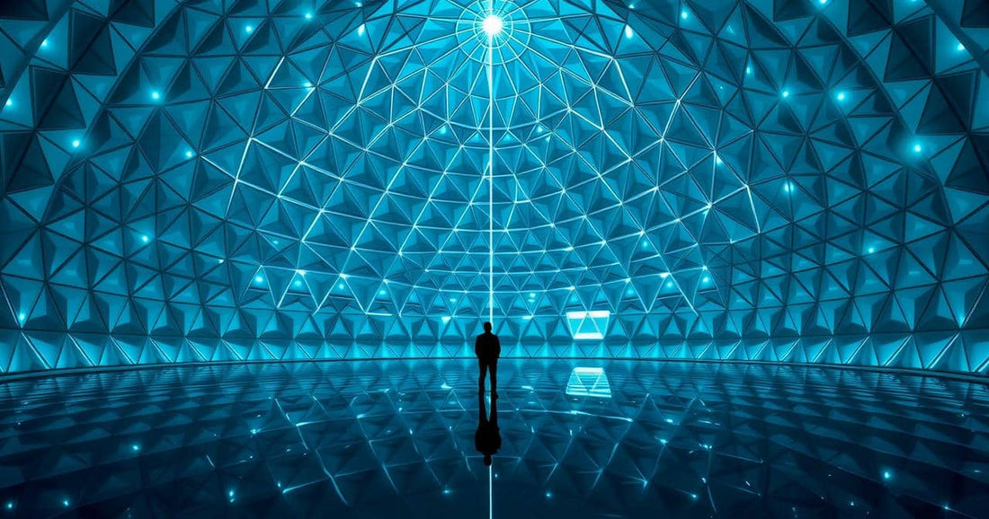 Figure standing at center of a vast geometric sphere of glowing panels — the Hermetic Principle of Mentalism