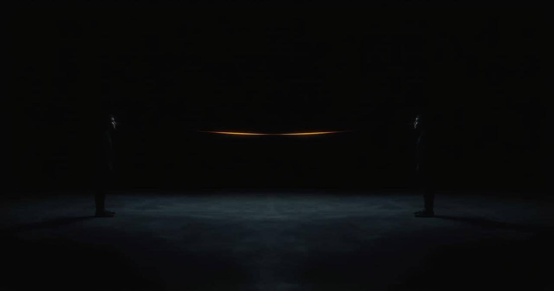 Two dark silhouettes connected by luminous gold energy threads across empty space — invisible ties between people