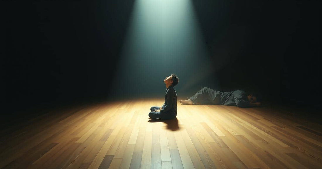 Meditation vs Relaxation — A single figure seated upright in a beam of soft light, with a faint ghost-overlay of the same figure lying down — attention training vs nervous-system relaxation.
