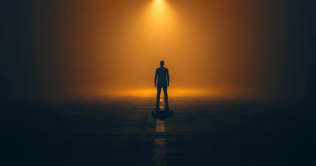 Spiritual advisor for major life decisions — a figure frozen at a fork where one path is lit gold and the other disappears into darkness