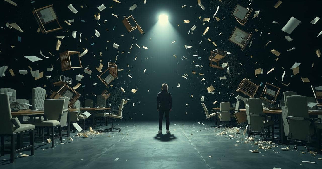 Why everything keeps going wrong spiritually — a still figure at center as structures collapse inward from all directions