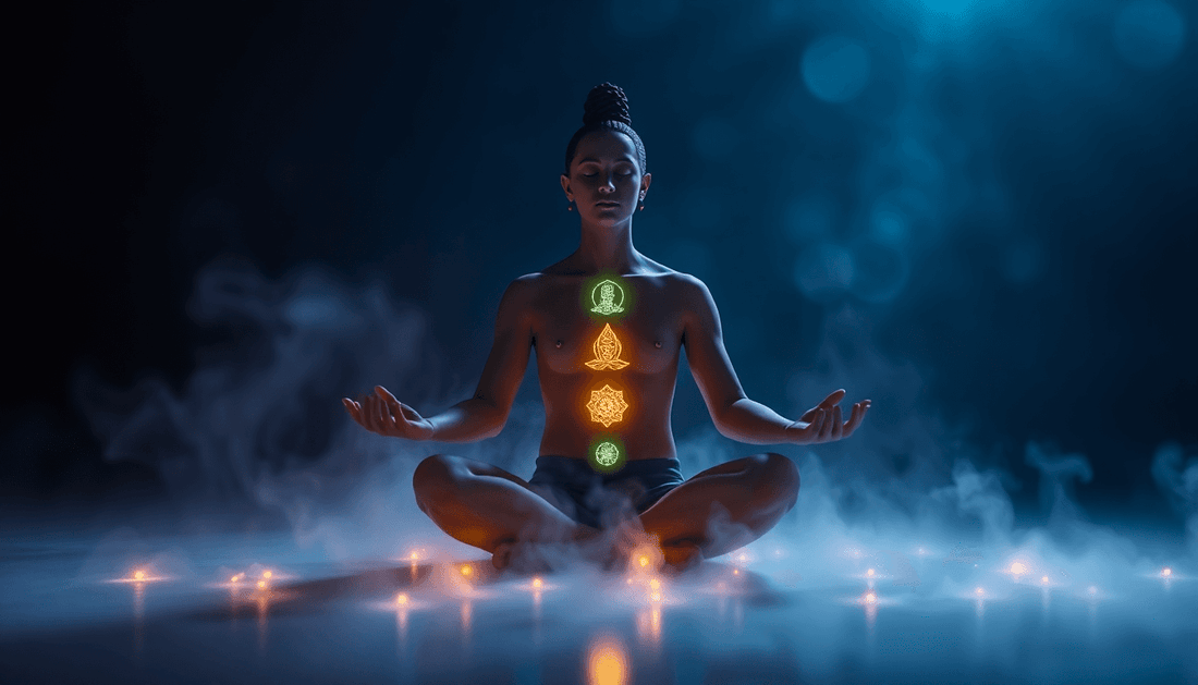 A meditating person with glowing chakras and energy flow