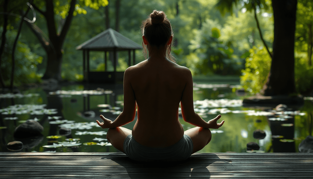 A person meditating serenely in a tranquil setting
