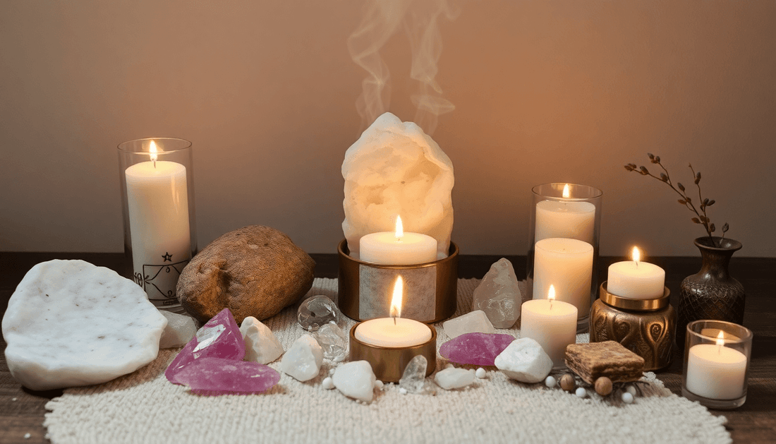 A serene altar with crystals and sage burning