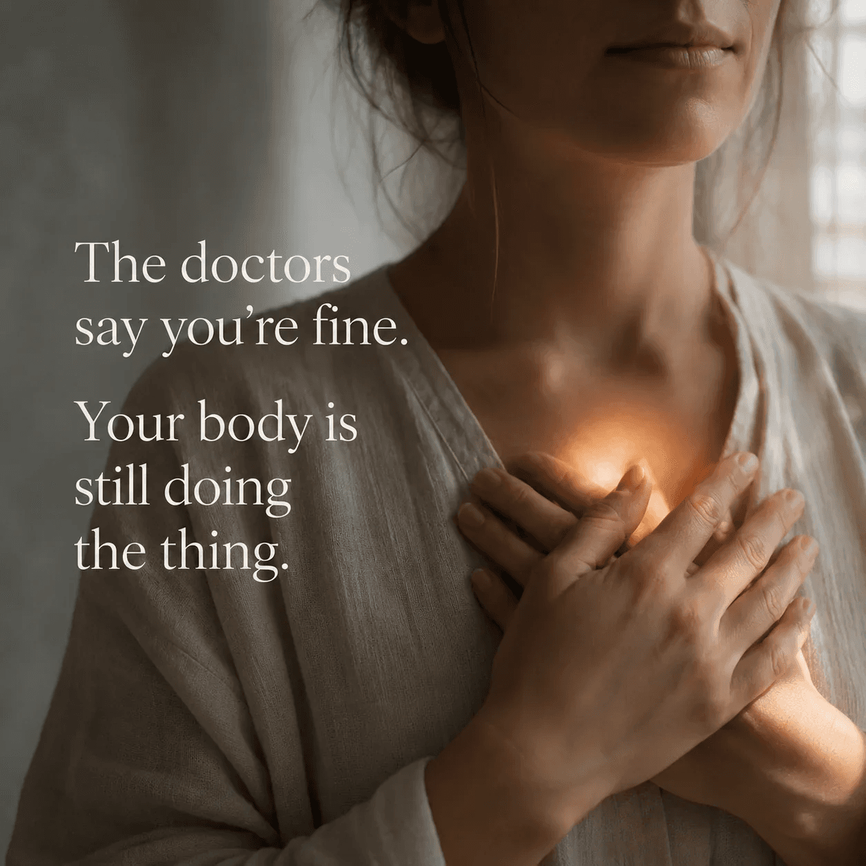 Woman holding hands over glowing heart, spiritual awakening and body intuition