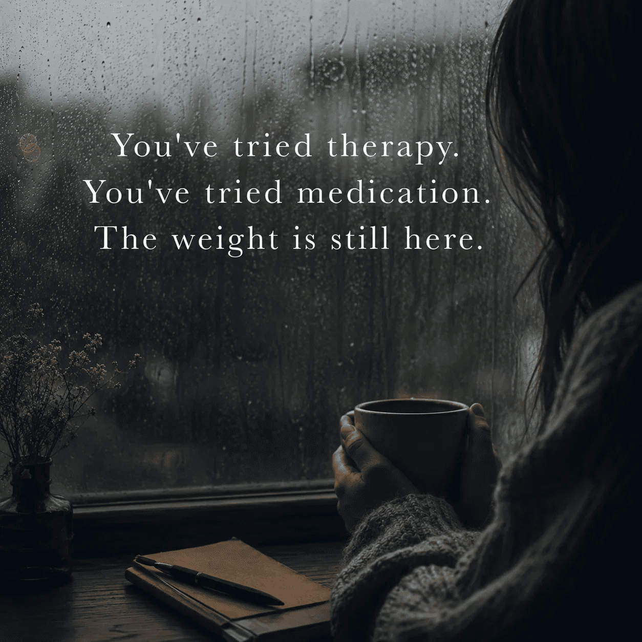 Woman holding mug by rainy window, journal nearby — spiritual weight, inner healing, esoteric journey