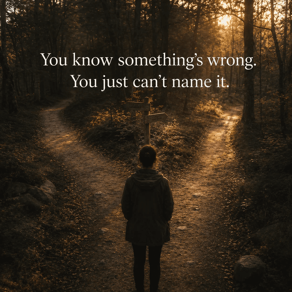 Person at forest crossroads with spiritual awakening text, occult themes