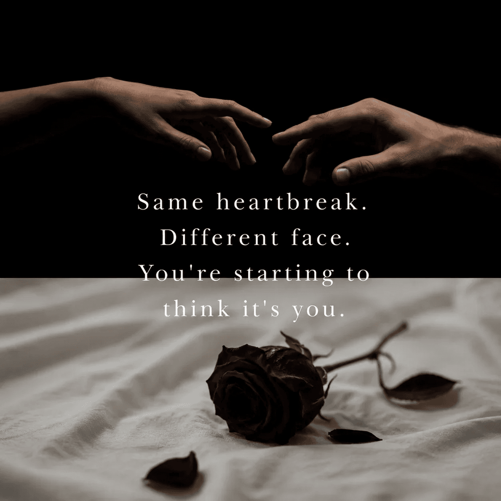 Two hands reaching, wilted rose, emotional text on dark background